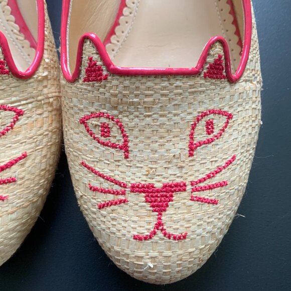 Charlotte Olympia Raffia & Pink trim Kitty Flat shoes - Picture 2 of 4